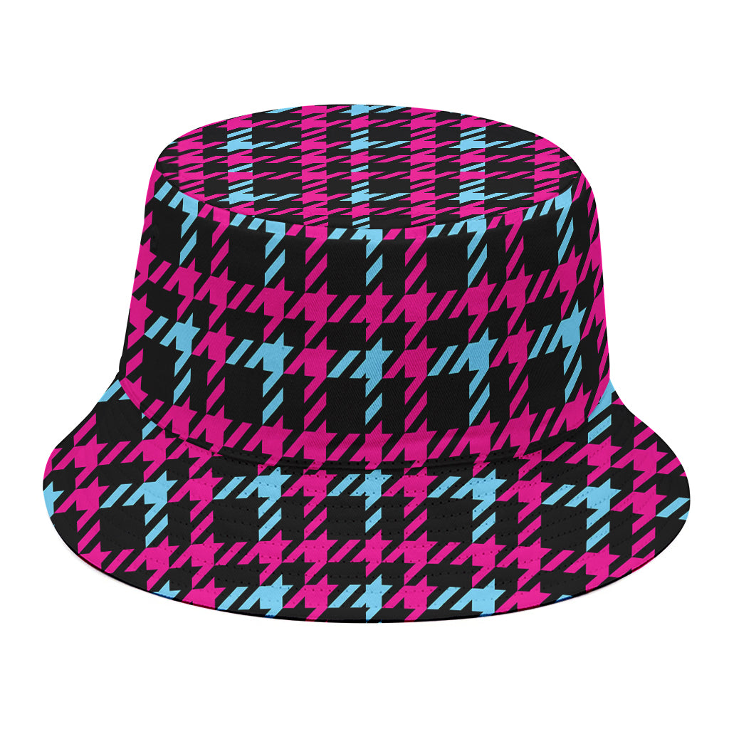 Blue Pink And Black Houndstooth Print Bucket Hat