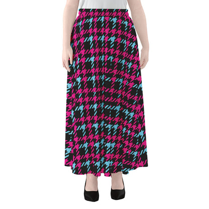 Blue Pink And Black Houndstooth Print Chiffon Maxi Skirt