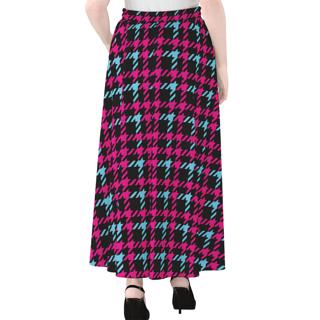 Blue Pink And Black Houndstooth Print Chiffon Maxi Skirt