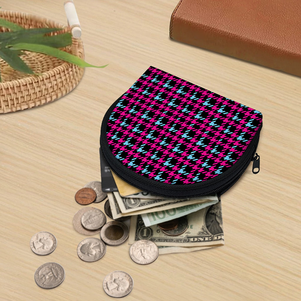 Blue Pink And Black Houndstooth Print Coin Purse