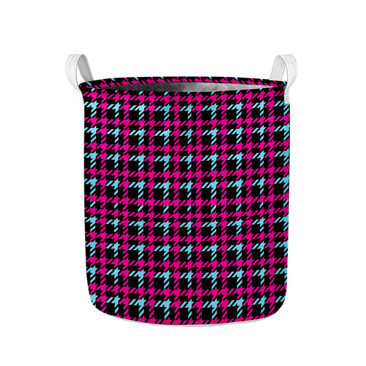 Blue Pink And Black Houndstooth Print Collapsible Laundry Basket