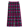 Blue Pink And Black Houndstooth Print Cotton Front Slit Maxi Skirt