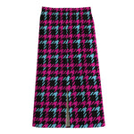 Blue Pink And Black Houndstooth Print Cotton Front Slit Maxi Skirt