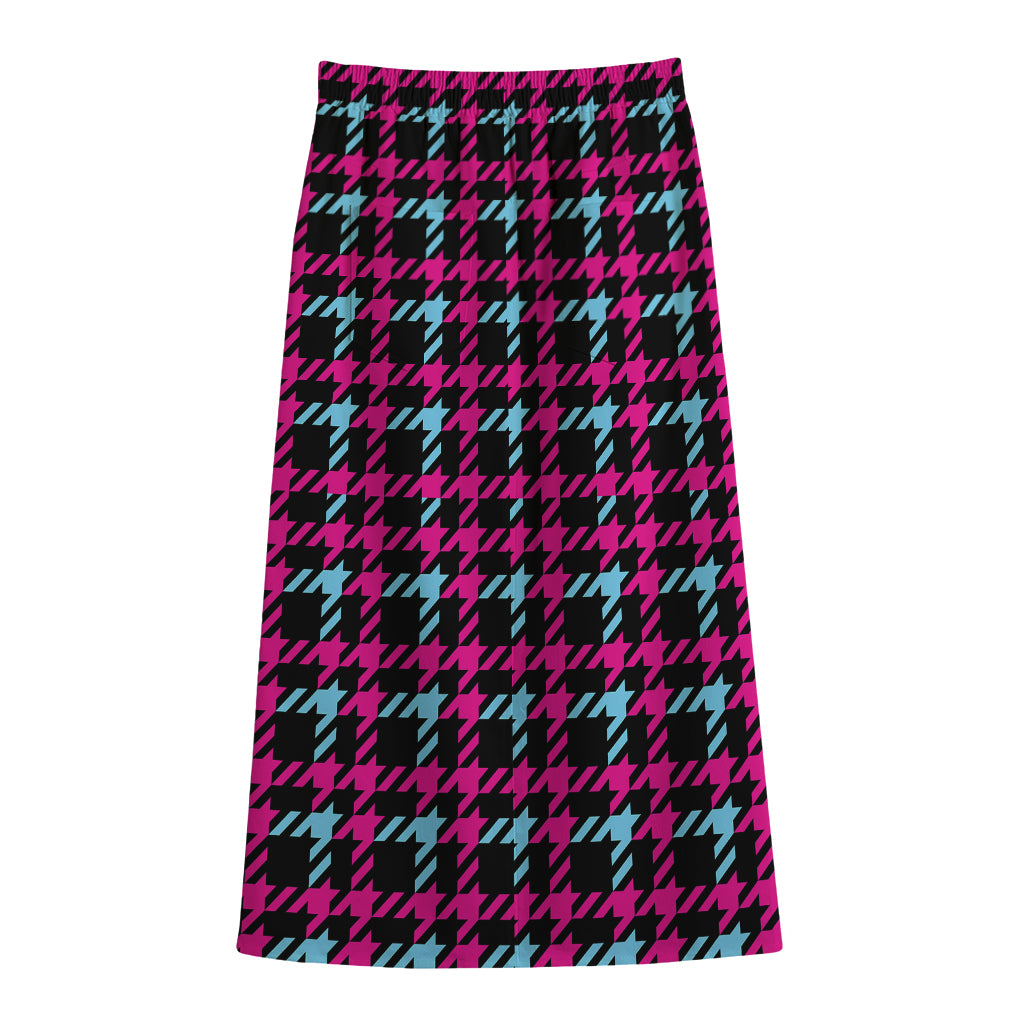 Blue Pink And Black Houndstooth Print Cotton Front Slit Maxi Skirt
