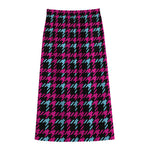 Blue Pink And Black Houndstooth Print Cotton Front Slit Maxi Skirt