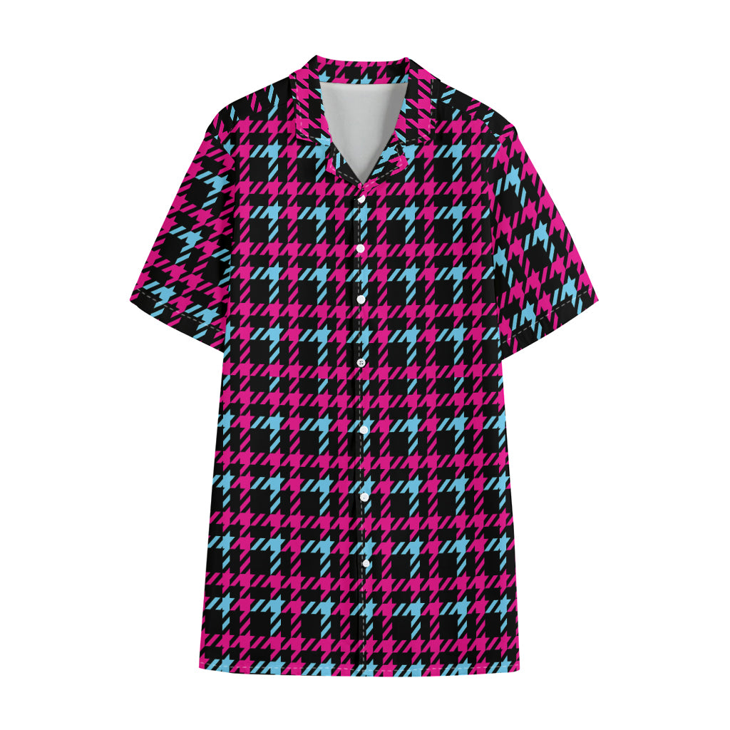 Blue Pink And Black Houndstooth Print Cotton Hawaiian Shirt