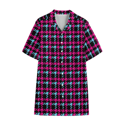 Blue Pink And Black Houndstooth Print Cotton Hawaiian Shirt