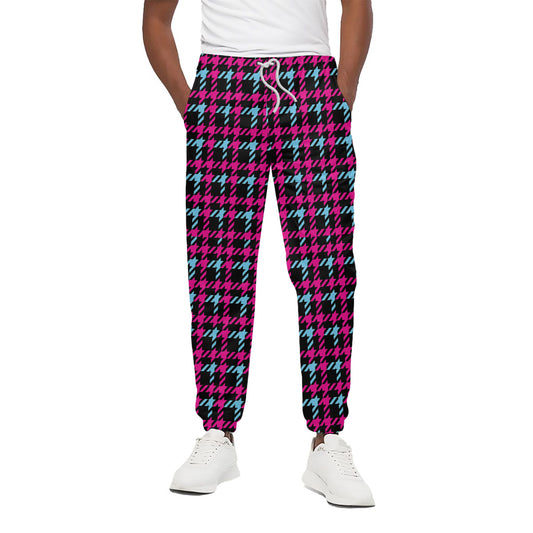 Blue Pink And Black Houndstooth Print Cotton Pants