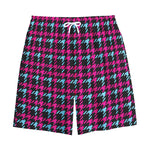 Blue Pink And Black Houndstooth Print Cotton Shorts