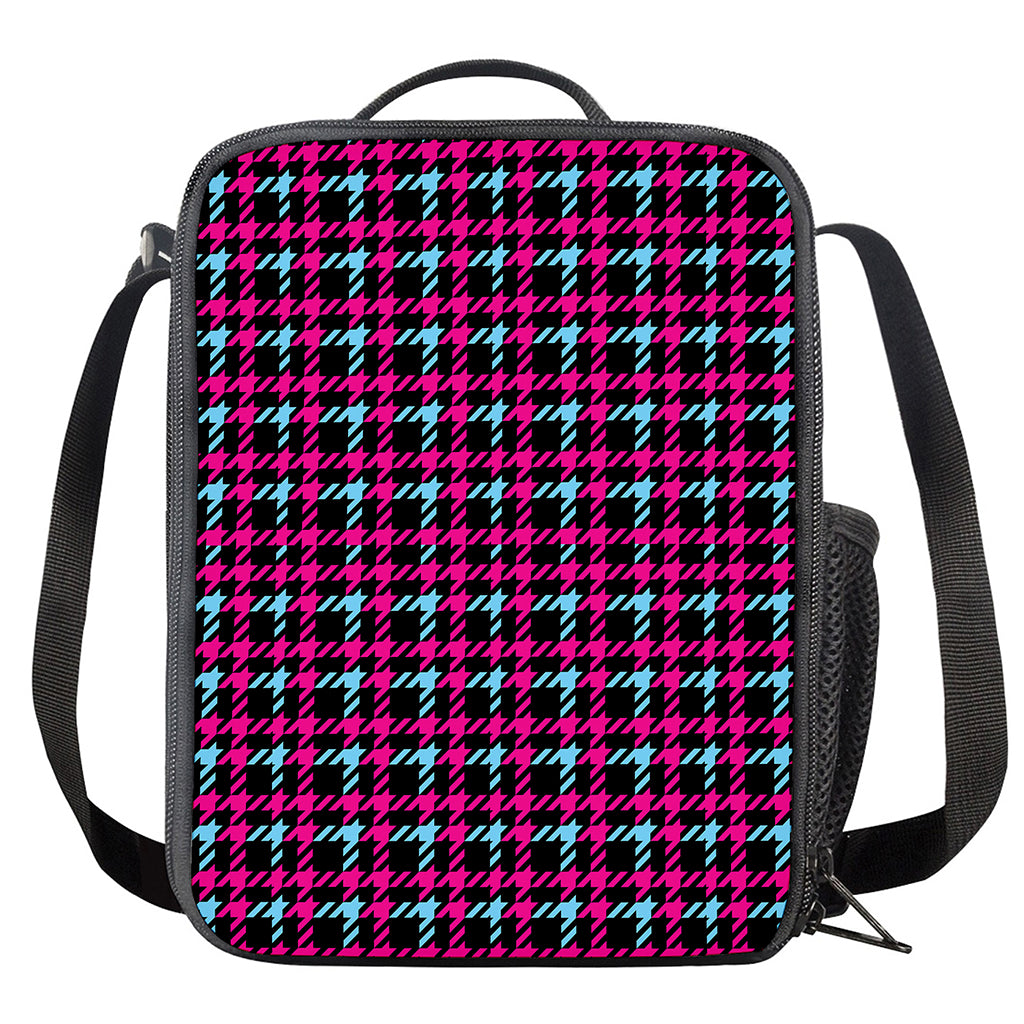 Blue Pink And Black Houndstooth Print Crossbody Lunch Bag