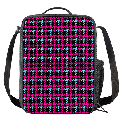 Blue Pink And Black Houndstooth Print Crossbody Lunch Bag