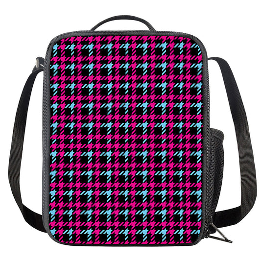 Blue Pink And Black Houndstooth Print Crossbody Lunch Bag