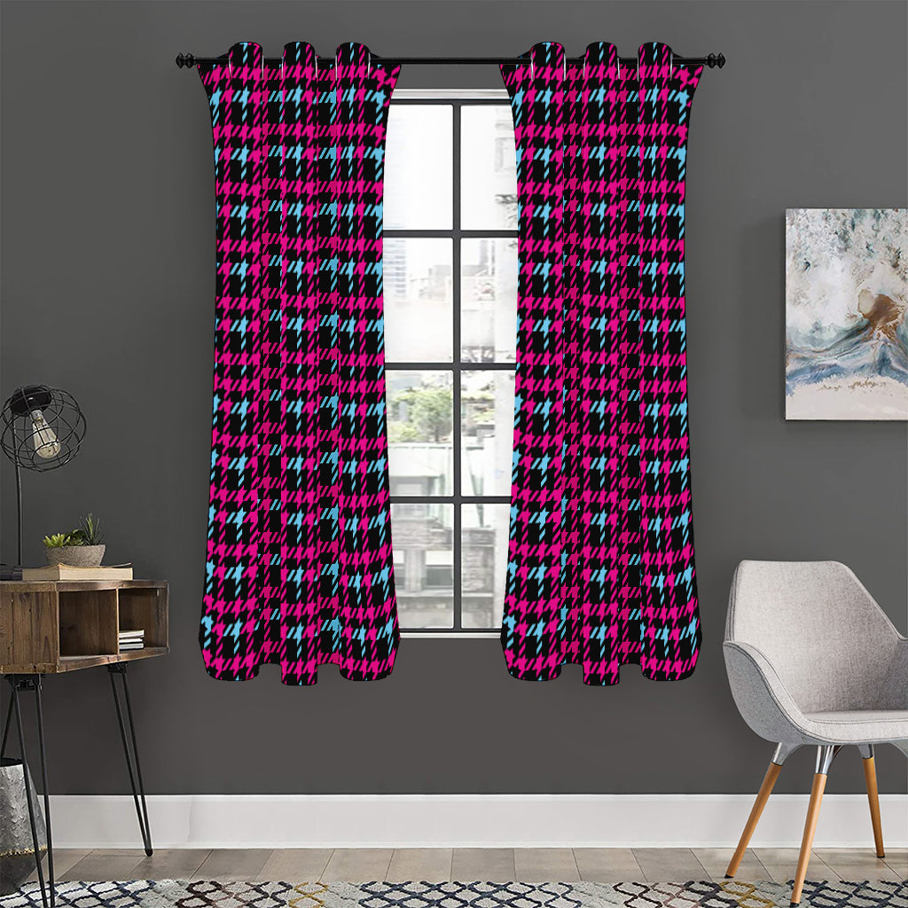 Blue Pink And Black Houndstooth Print Curtain