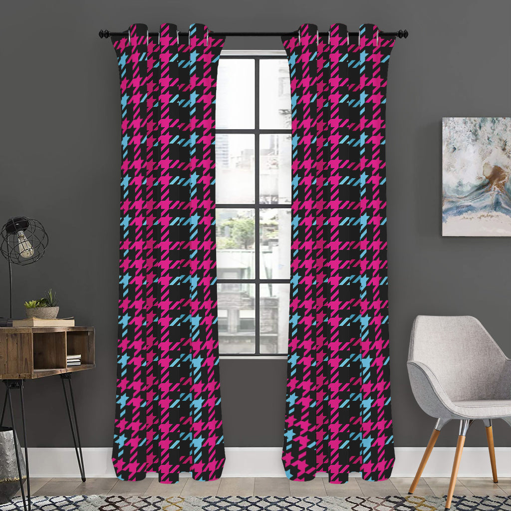 Blue Pink And Black Houndstooth Print Curtain