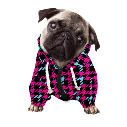 Blue Pink And Black Houndstooth Print Dog Zip Up Hoodie