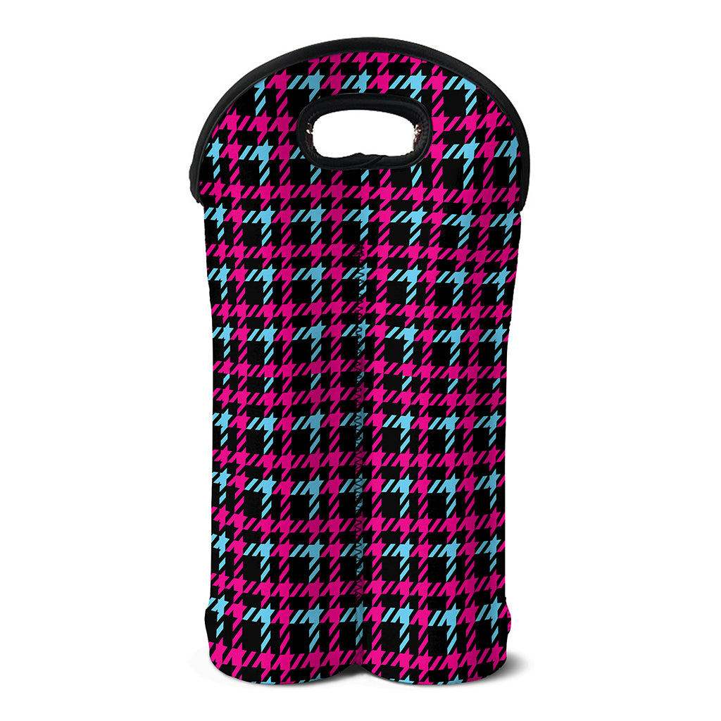 Blue Pink And Black Houndstooth Print Double Neoprene Wine Tote