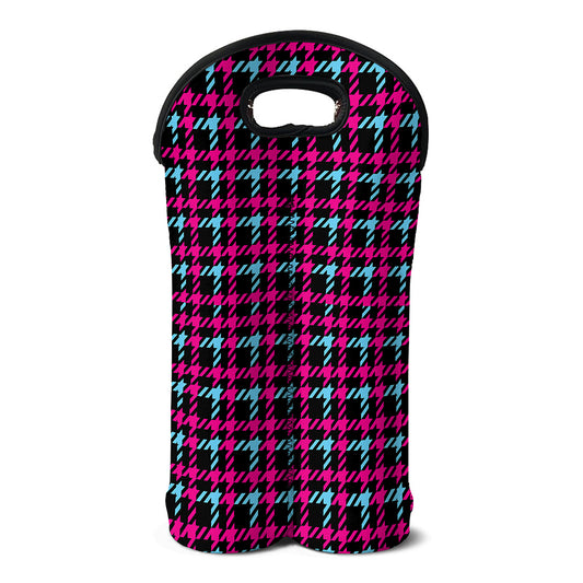 Blue Pink And Black Houndstooth Print Double Neoprene Wine Tote