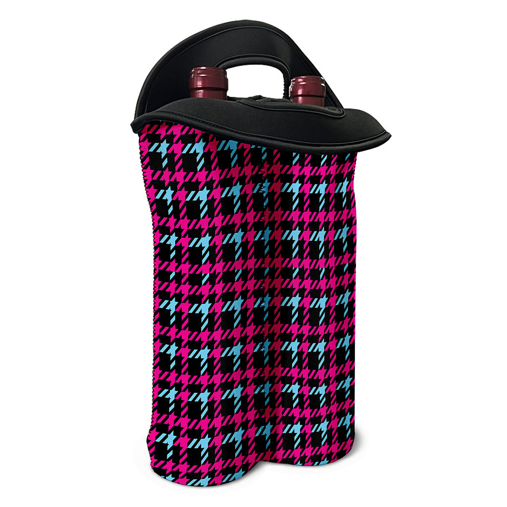 Blue Pink And Black Houndstooth Print Double Neoprene Wine Tote