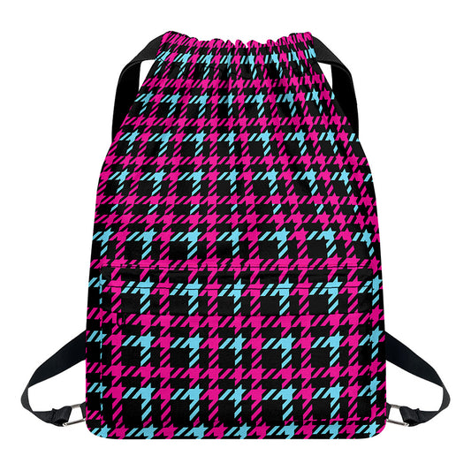 Blue Pink And Black Houndstooth Print Drawstring Backpack