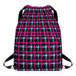 Blue Pink And Black Houndstooth Print Drawstring Backpack