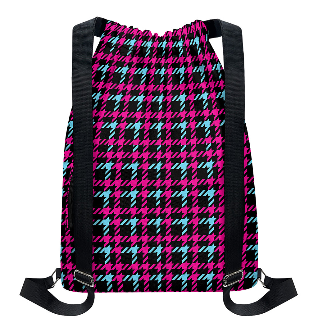 Blue Pink And Black Houndstooth Print Drawstring Backpack