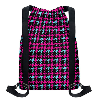 Blue Pink And Black Houndstooth Print Drawstring Backpack