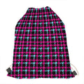 Blue Pink And Black Houndstooth Print Drawstring Bag