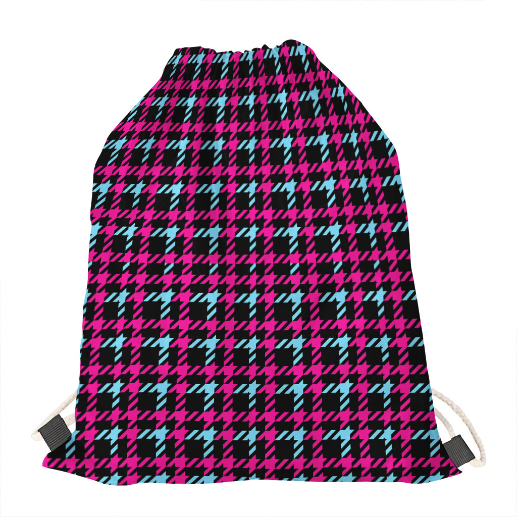 Blue Pink And Black Houndstooth Print Drawstring Bag