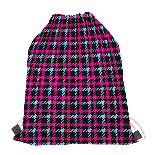 Blue Pink And Black Houndstooth Print Drawstring Bag