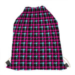 Blue Pink And Black Houndstooth Print Drawstring Bag