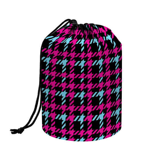 Blue Pink And Black Houndstooth Print Drawstring Makeup Bag