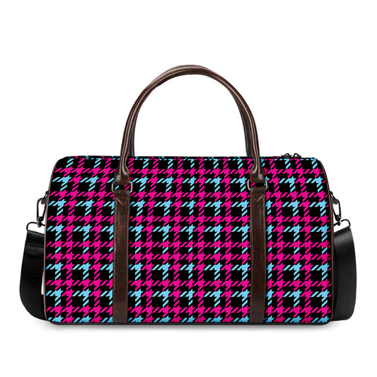 Blue Pink And Black Houndstooth Print Duffle Bag