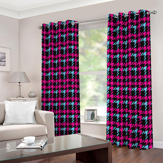 Blue Pink And Black Houndstooth Print Extra Wide Grommet Curtains