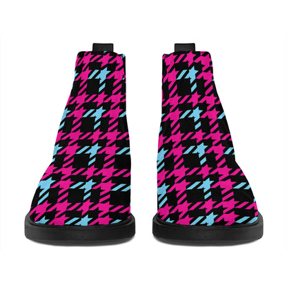 Blue Pink And Black Houndstooth Print Flat Ankle Boots