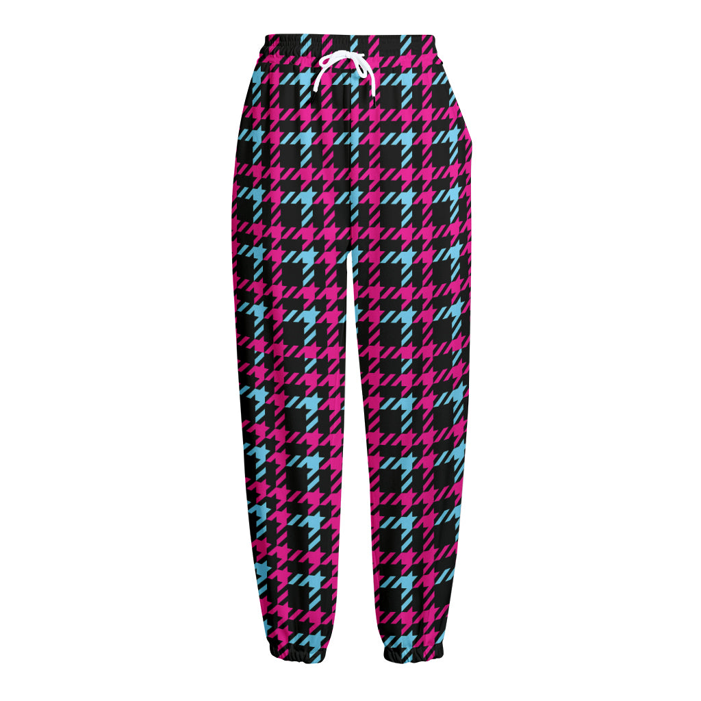 Blue Pink And Black Houndstooth Print Fleece Lined Knit Pants