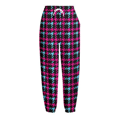 Blue Pink And Black Houndstooth Print Fleece Lined Knit Pants