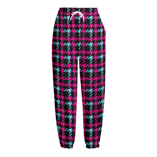 Blue Pink And Black Houndstooth Print Fleece Lined Knit Pants