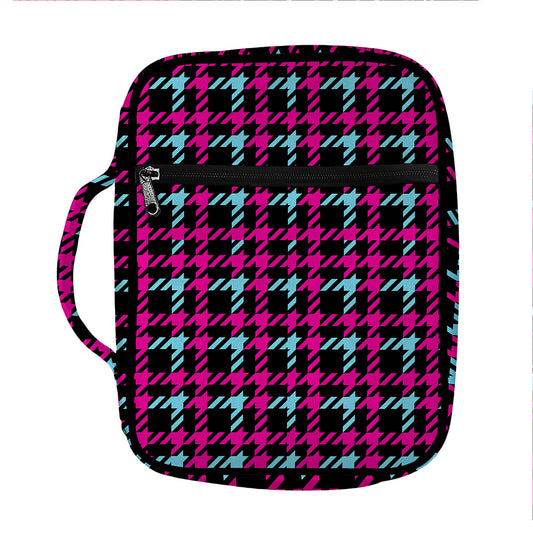 Blue Pink And Black Houndstooth Print Front Pocket Bible Bag
