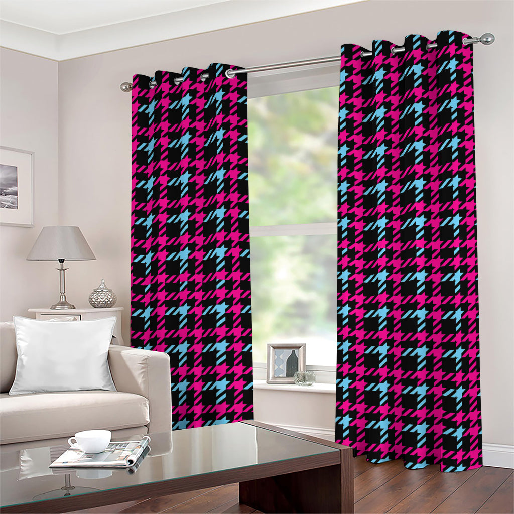 Blue Pink And Black Houndstooth Print Grommet Curtains