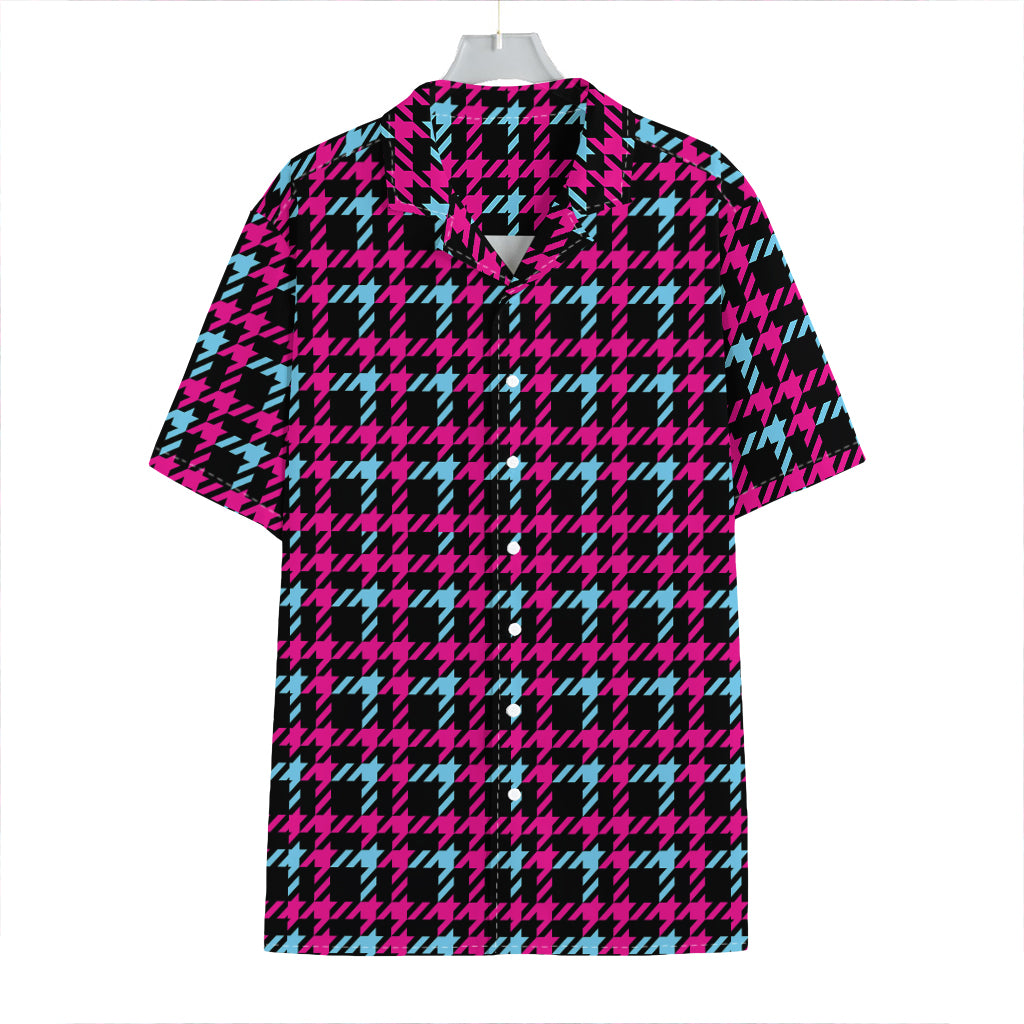 Blue Pink And Black Houndstooth Print Hawaiian Shirt