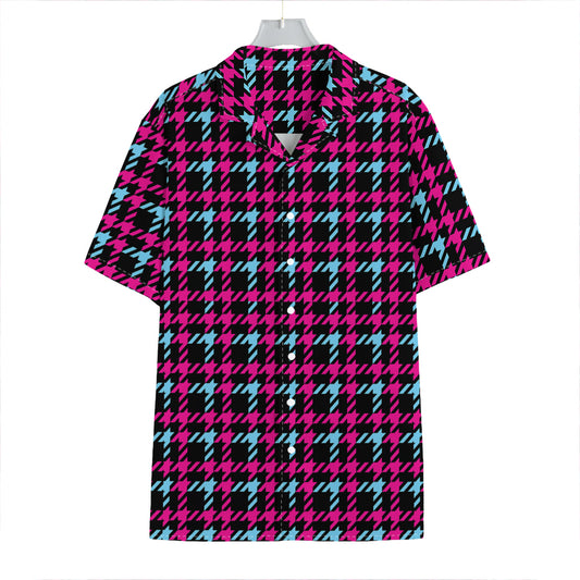 Blue Pink And Black Houndstooth Print Hawaiian Shirt