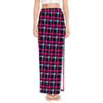Blue Pink And Black Houndstooth Print High Slit Maxi Skirt