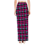 Blue Pink And Black Houndstooth Print High Slit Maxi Skirt