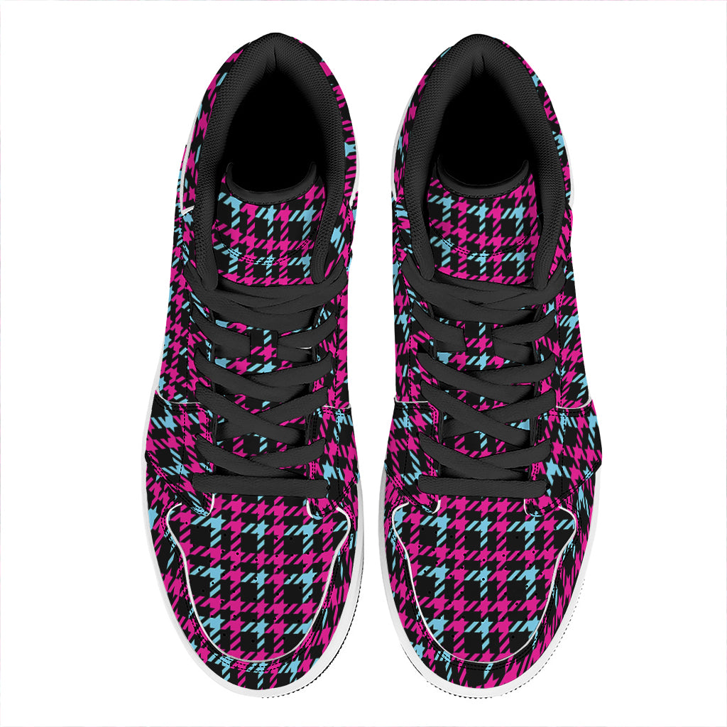 Blue Pink And Black Houndstooth Print High Top Leather Sneakers
