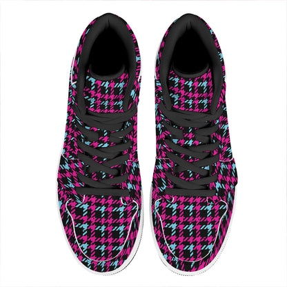 Blue Pink And Black Houndstooth Print High Top Leather Sneakers