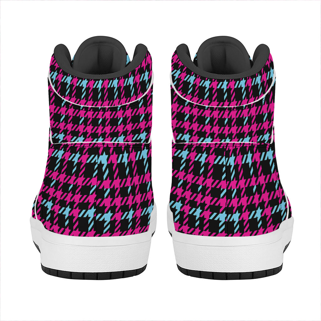 Blue Pink And Black Houndstooth Print High Top Leather Sneakers