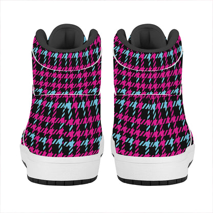 Blue Pink And Black Houndstooth Print High Top Leather Sneakers