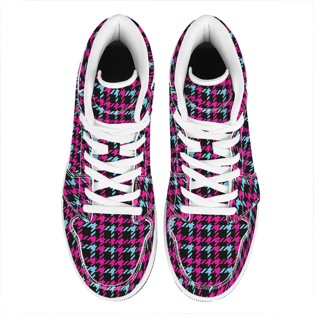 Blue Pink And Black Houndstooth Print High Top Leather Sneakers