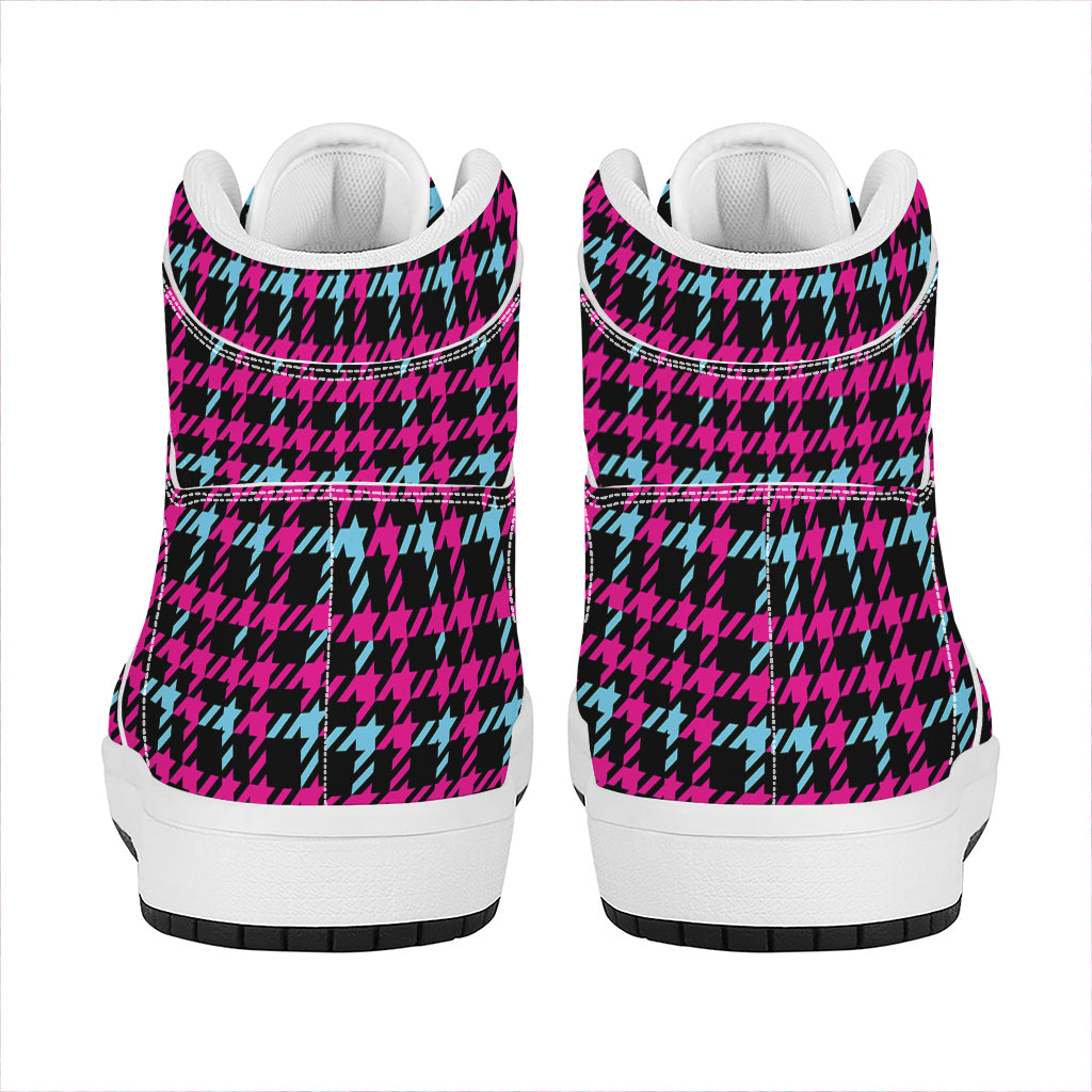 Blue Pink And Black Houndstooth Print High Top Leather Sneakers