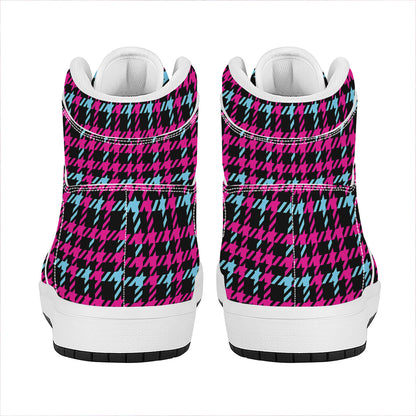 Blue Pink And Black Houndstooth Print High Top Leather Sneakers